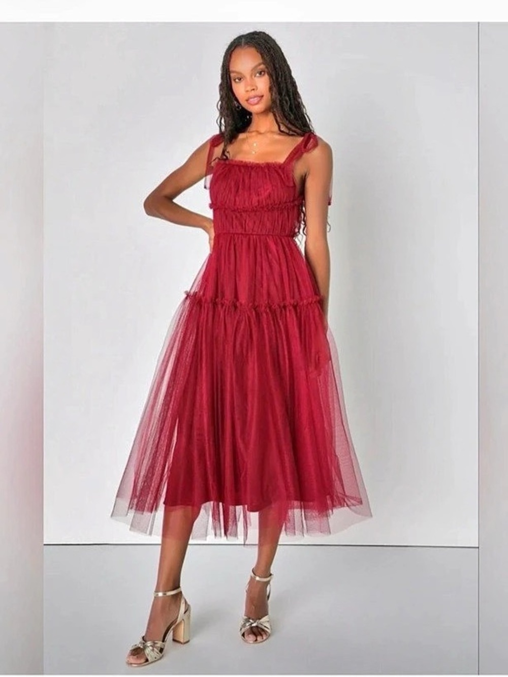 Lulus Graceful Charisma burgundy tulle midi dress NWT